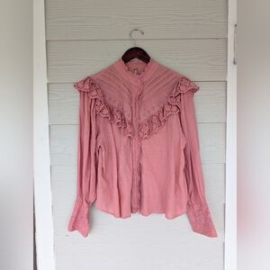 Women's Free People Hit The Road Cotton Button Down Eyelet Lace Ruffles Sz Large